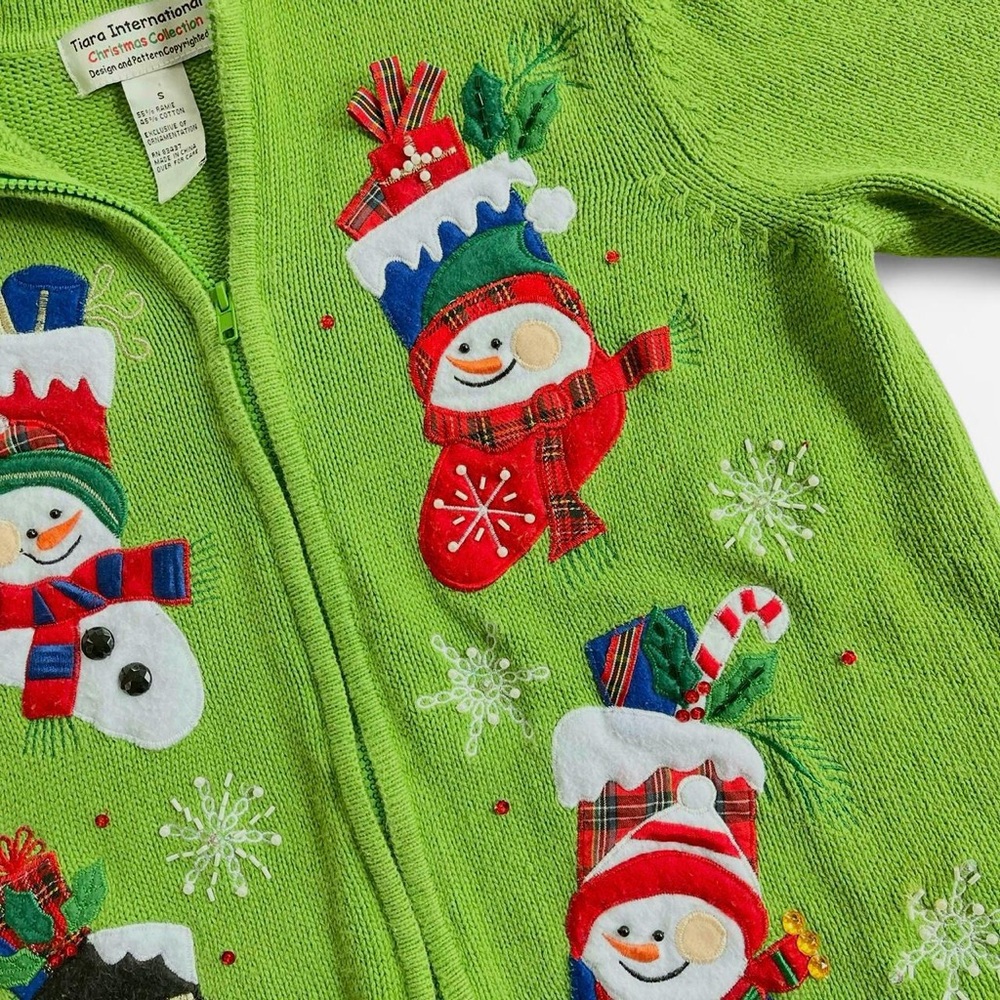 Vintage Tiara International Christmas Green Knit Embroidered Snowman Cardigan - Picture 4 of 8